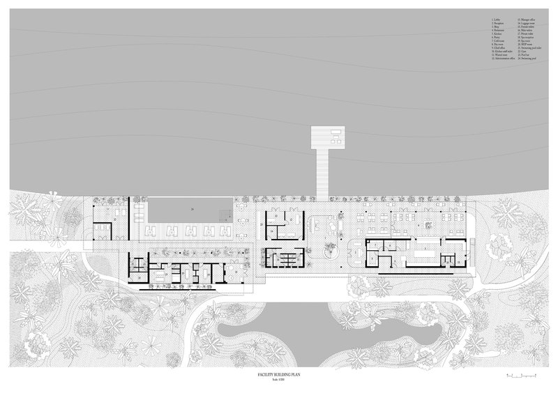 Floor plan drawing of a facility building with pool, rooms and landscaped grounds along a water edge