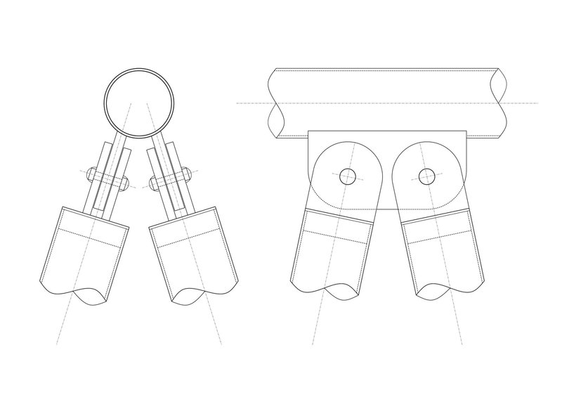 Axonometric drawing showing two variations of cylindrical leg assemblies with circular and roller connections