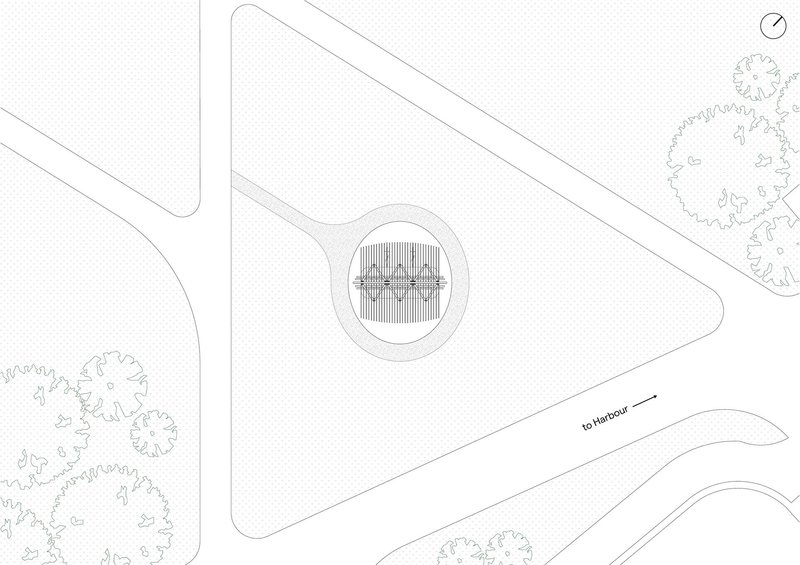 Site plan drawing showing circular pavilion within triangular lawn area and surrounding trees