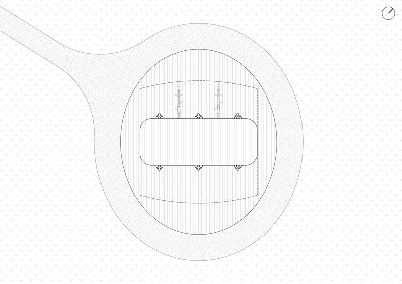 Plan drawing showing a rounded volume enclosing a central rectangular space with a curved access path