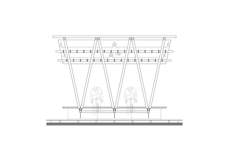 Section drawing illustrating a canopy structure with angled supports and two seated figures beneath