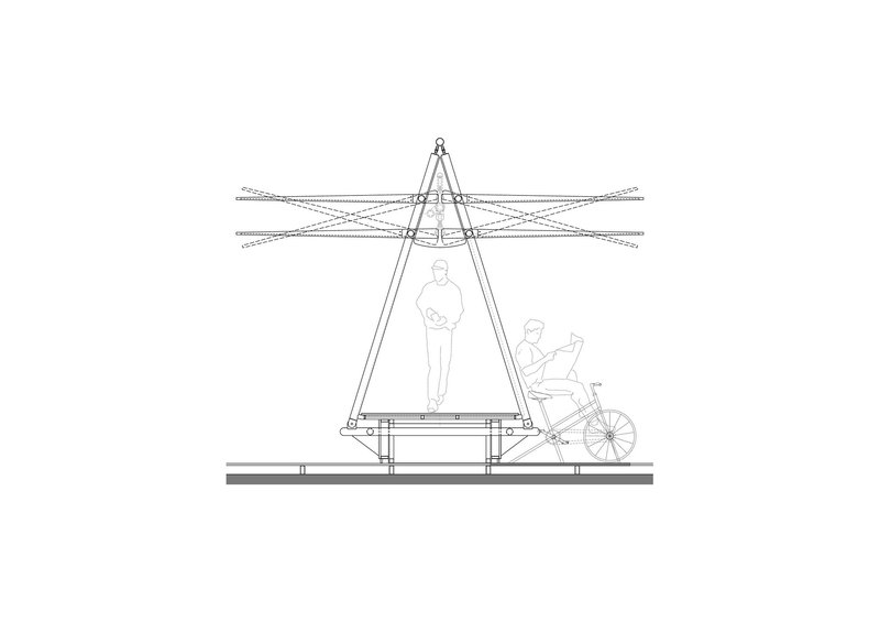 Section drawing showing a triangular frame structure sheltering a standing figure and cyclist below tensioned cables