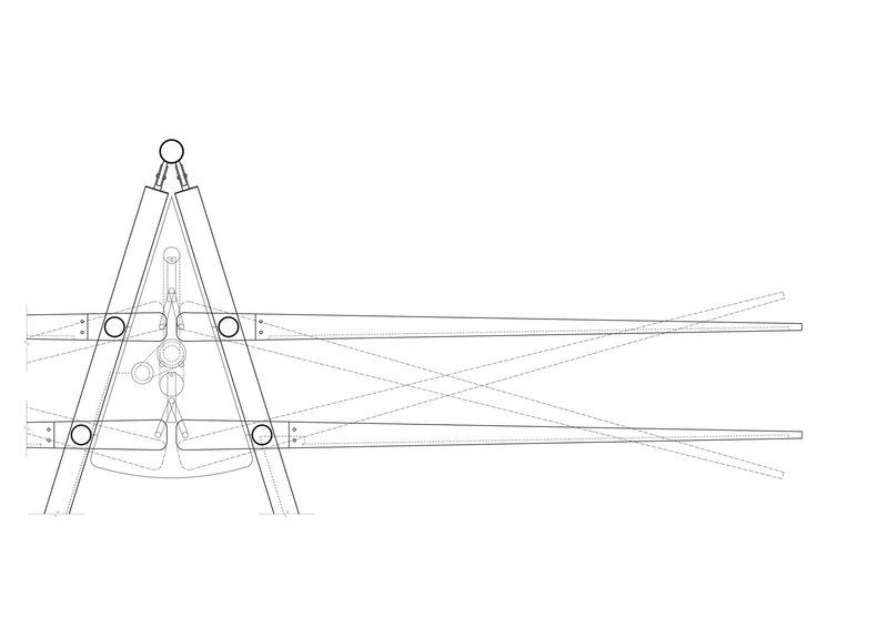 Detail drawing of the triangular apex joint with radiating cable connections and circular pivot elements
