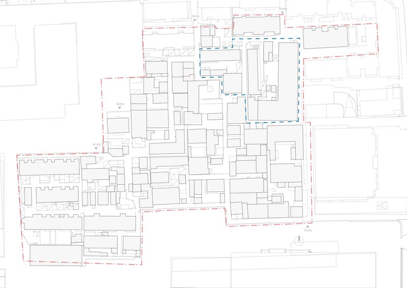Site plan drawing showing multiple building footprints with dashed intervention boundaries on an urban block