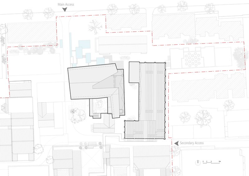Site plan drawing showing proposed building volumes with adjacent courtyard spaces and tree locations