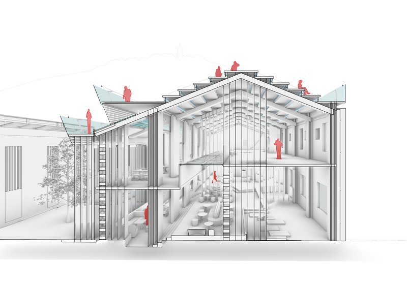 Section perspective drawing revealing interior spaces across three levels with red human figures