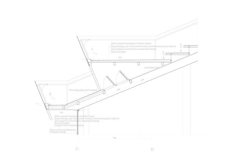 Construction detail section showing angled roof assembly with insulation board and structural plate layers