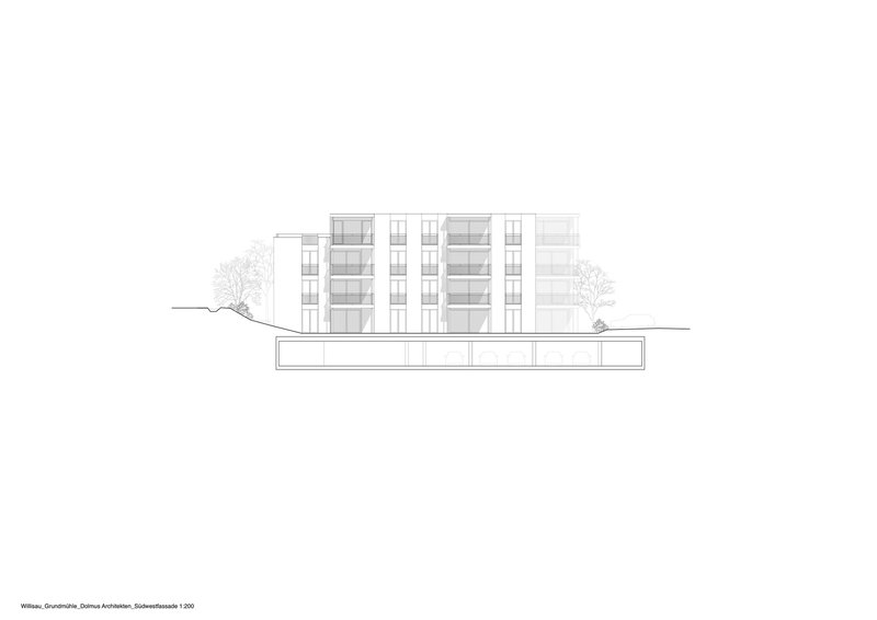 Elevation drawing showing a four-storey residential block with recessed balconies above a horizontal podium base