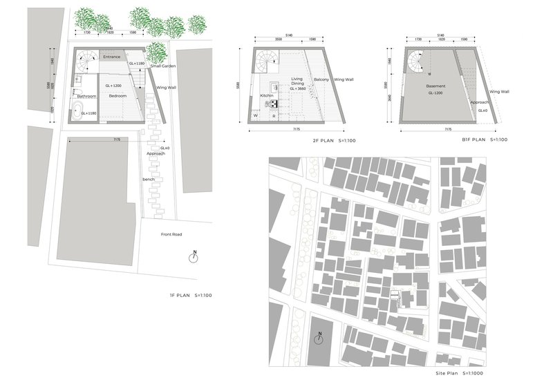 Floor plan drawings showing site context, ground floor, second floor and third floor layouts with courtyard