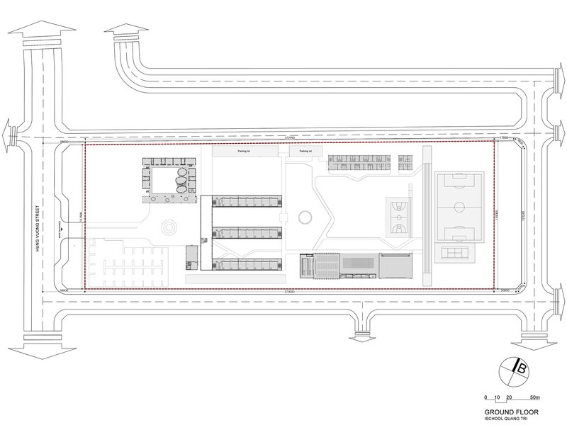 Ground floor plan showing parking area, interior courtyard and adjacent outdoor basketball court