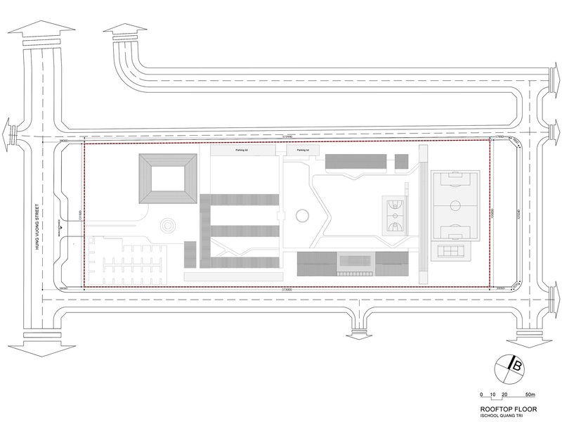 Rooftop floor plan with central void and scattered terrace zones across the building
