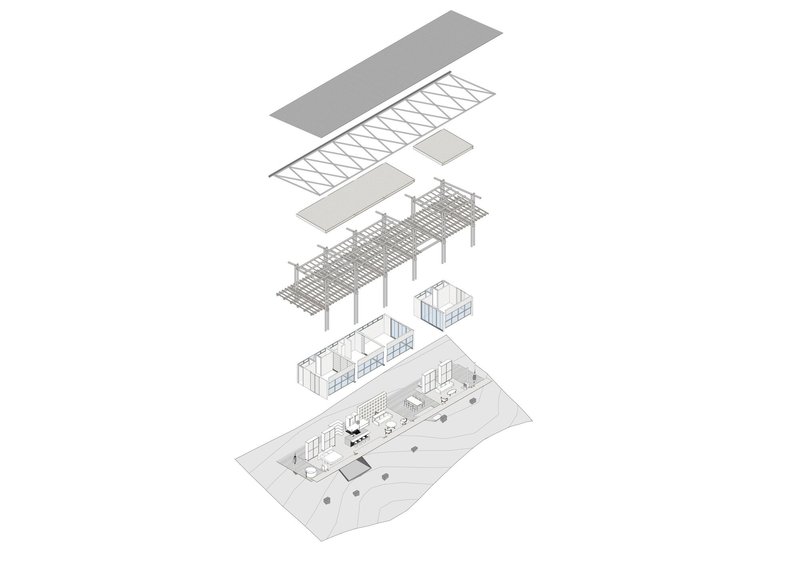 Exploded axonometric drawing showing roof layers, truss structure, walls and floor plan