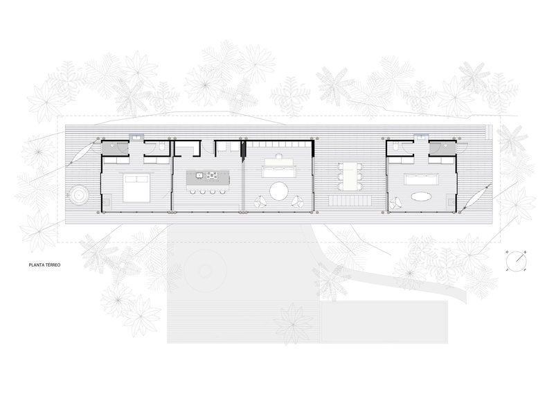 Ground floor plan showing linear arrangement of bedrooms, living spaces and terraces with surrounding vegetation