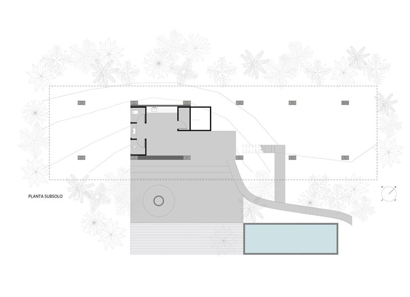Basement level plan depicting pool, circular feature and lower living areas beneath planted upper terrace