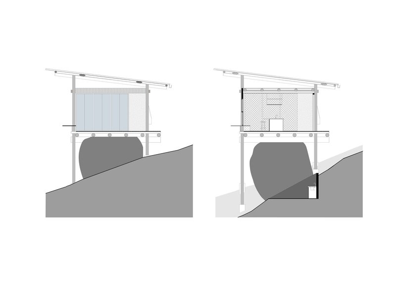 Section drawings illustrating the structure embedded into sloping terrain with pool and upper volumes