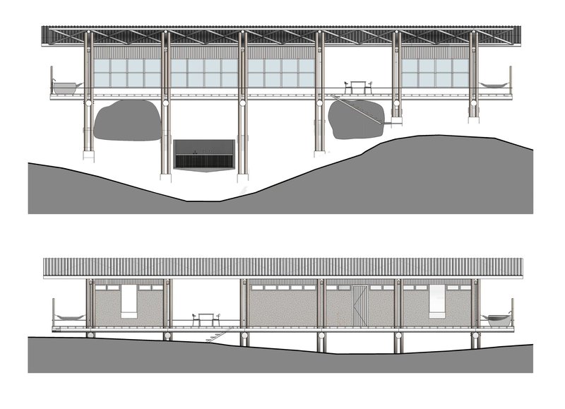 Elevation drawings showing timber column structure, clerestory glazing and overhanging roof on hillside site
