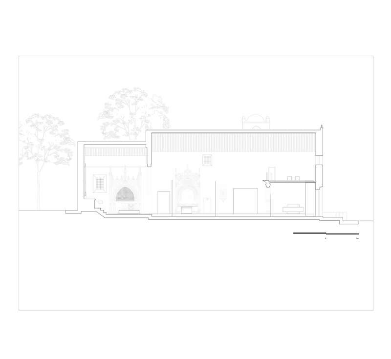 Elevation drawing depicting a cluster of volumes with corrugated roofing and surrounding vegetation