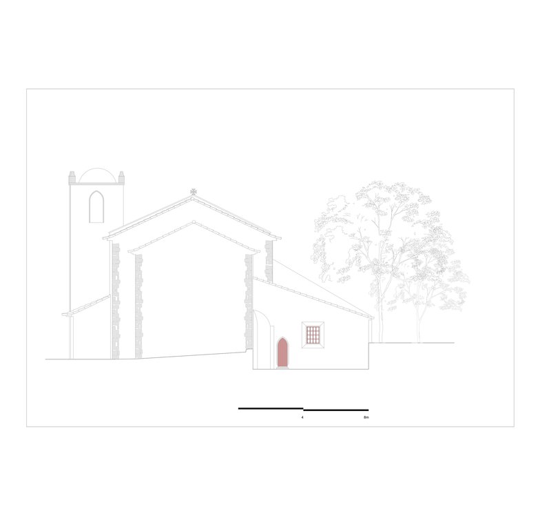 Elevation drawing showing a chapel tower and adjoining volume with red door and gridded window