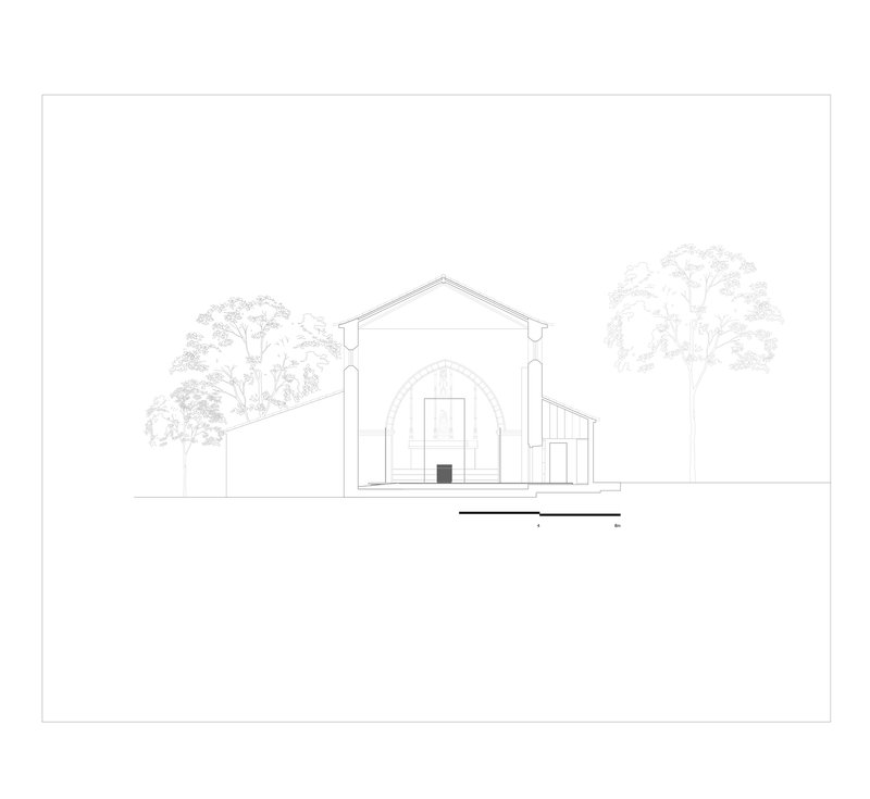 Elevation drawing depicting a gabled structure with an arched entry portal between tall trees