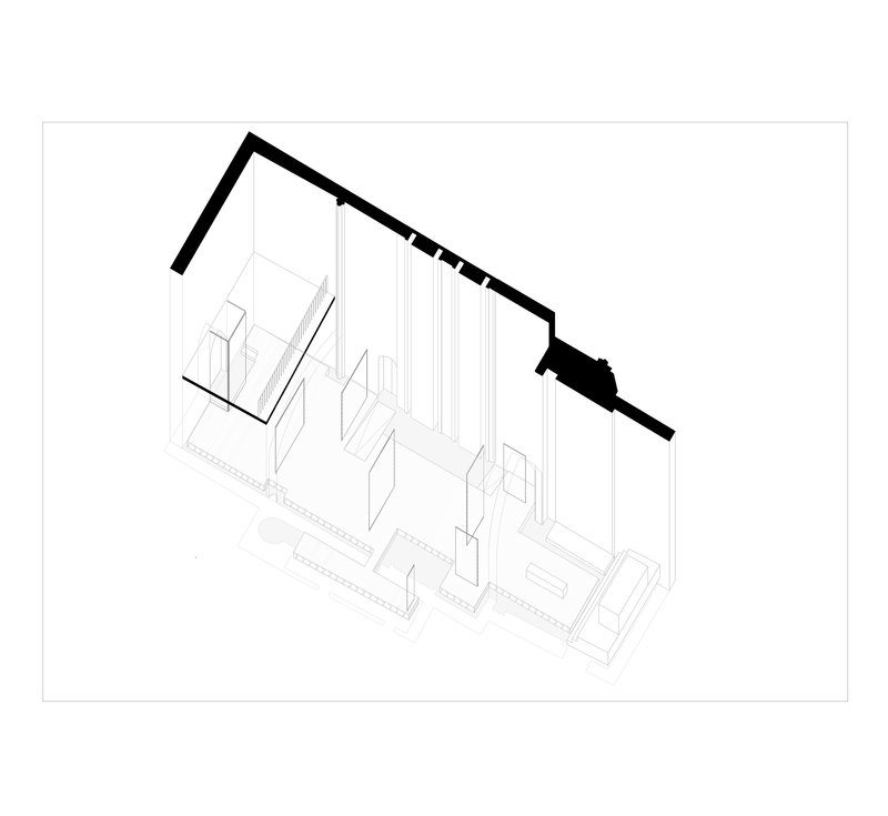 Axonometric drawing revealing interior room divisions and vertical circulation beneath the angled roofline