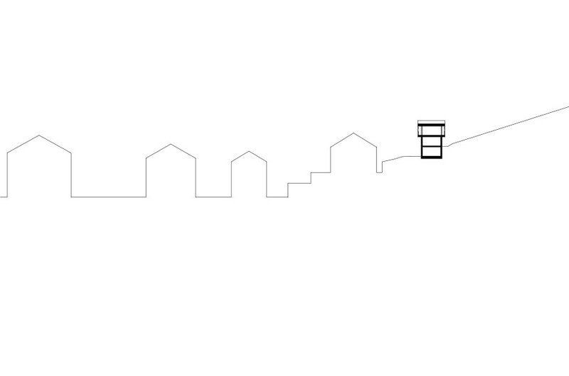 Section drawing showing a two-story volume elevated on a sloping site among neighboring gabled rooflines