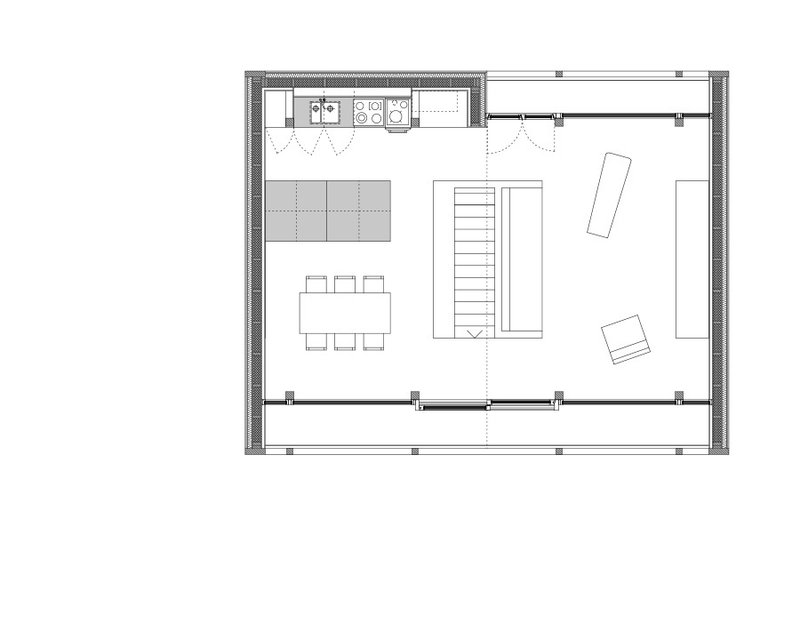 Main level floor plan with open kitchen, dining table, living area, and central stairwell
