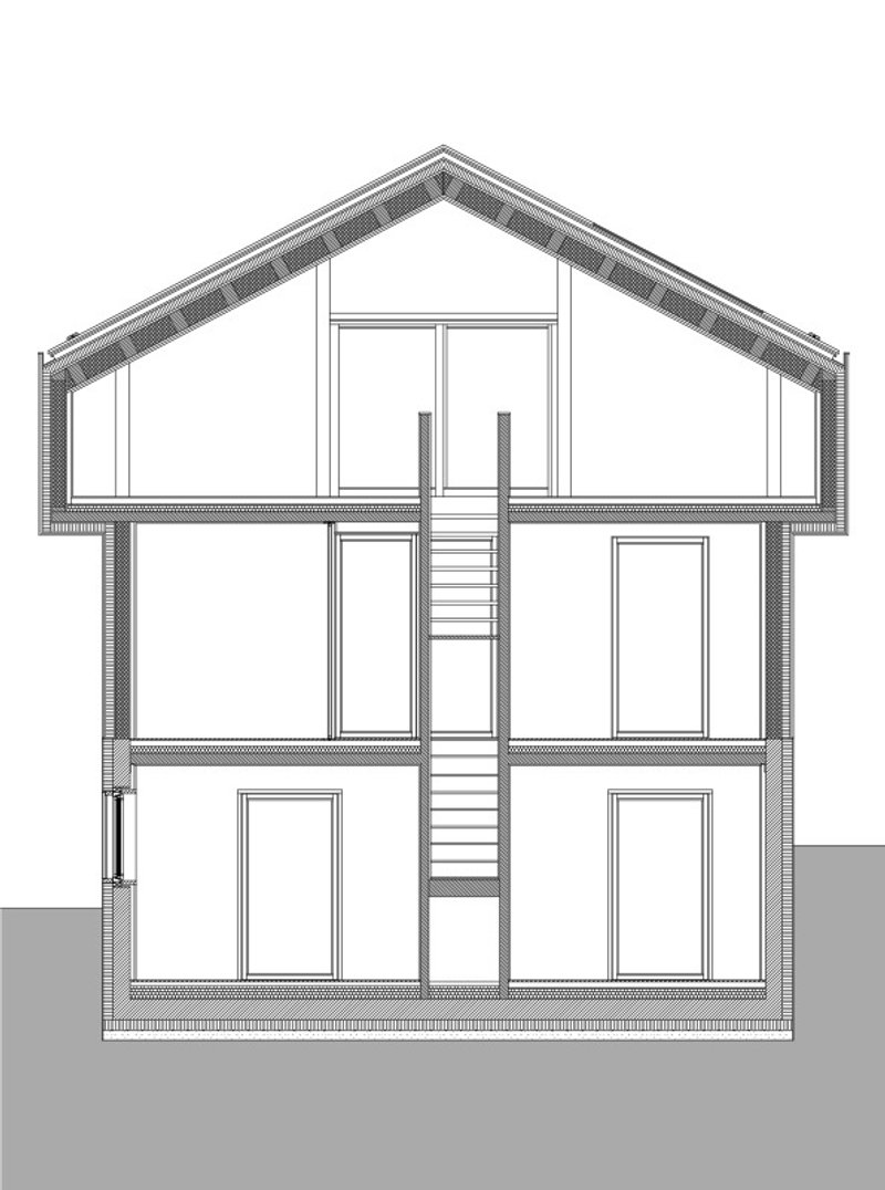 Section drawing showing the gabled house with three levels of rooms and a continuous vertical staircase