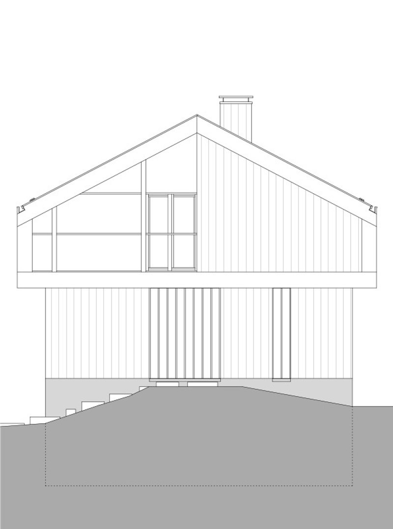 Elevation drawing showing the gabled facade with vertical cladding and a prominent chimney