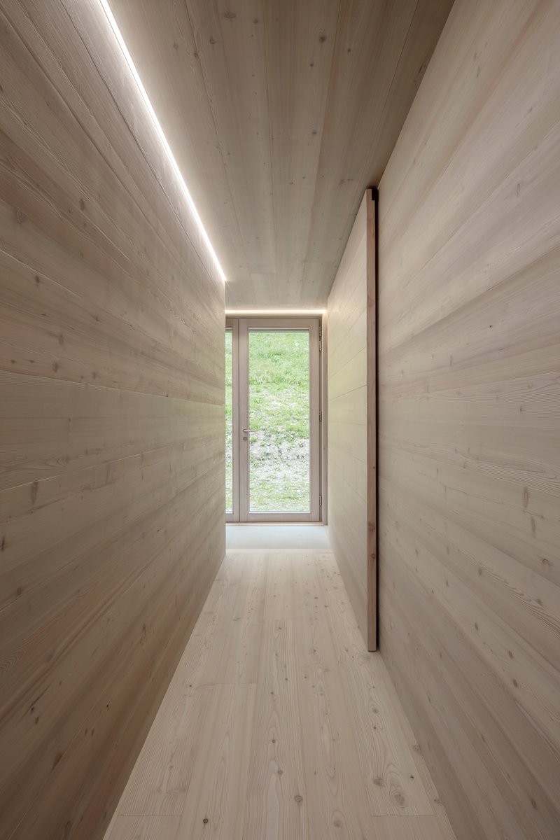 Narrow corridor with horizontal timber cladding and linear ceiling light leading to a glazed door