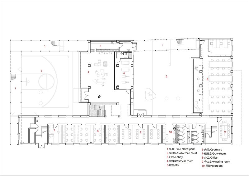 Floor plan drawing showing rooftop amenities including basketball court, fitness room, and meeting spaces