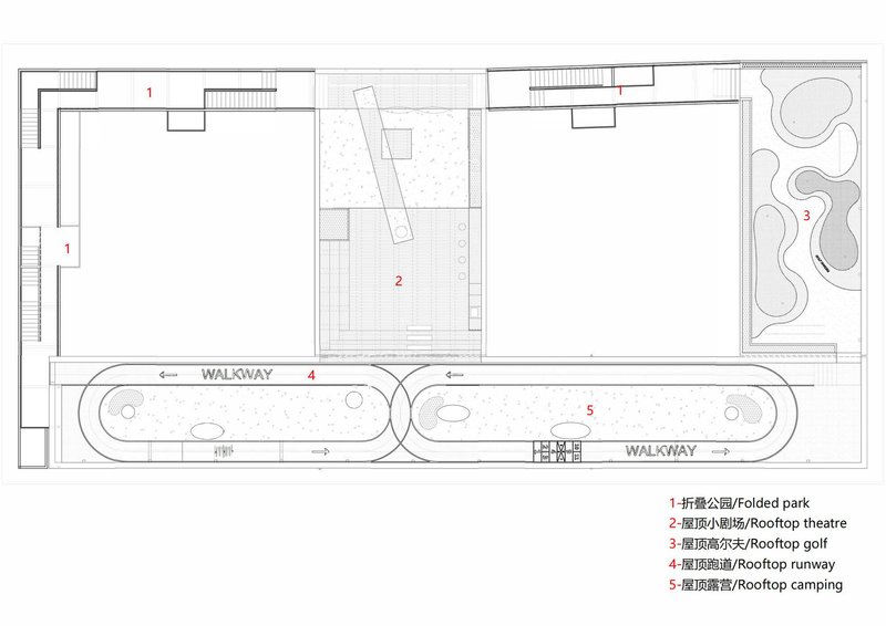 Roof plan drawing showing curved walkways with organic planted areas and a rooftop theater space