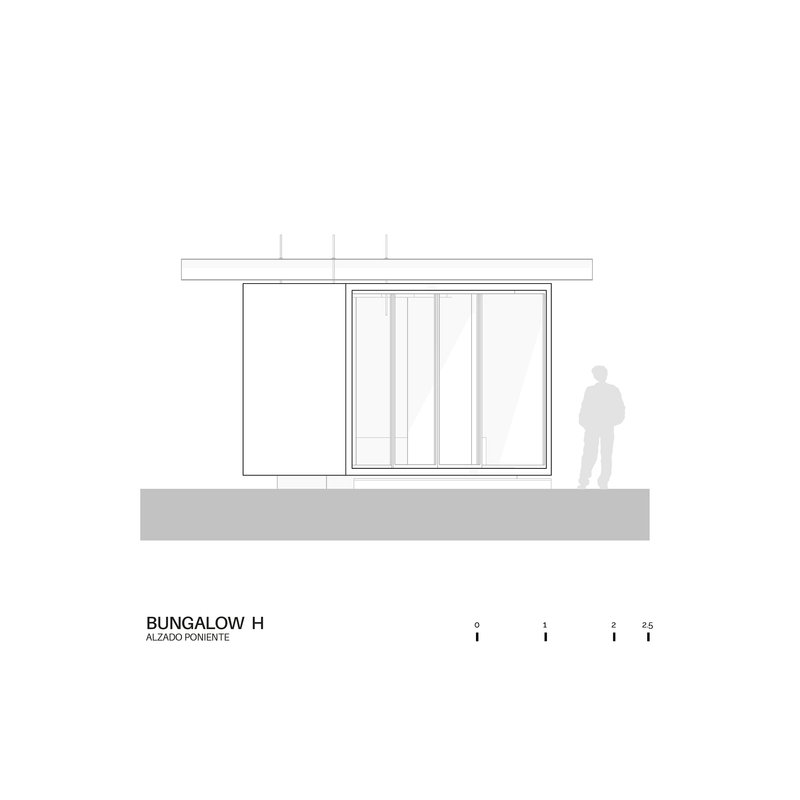 Elevation drawing showing flat roof overhang with sliding glazed doors and adjacent solid panel