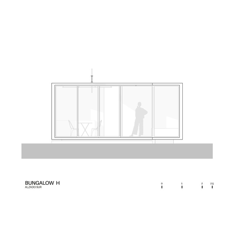 Elevation drawing showing full-width glazed facade with sliding panels and figure for scale
