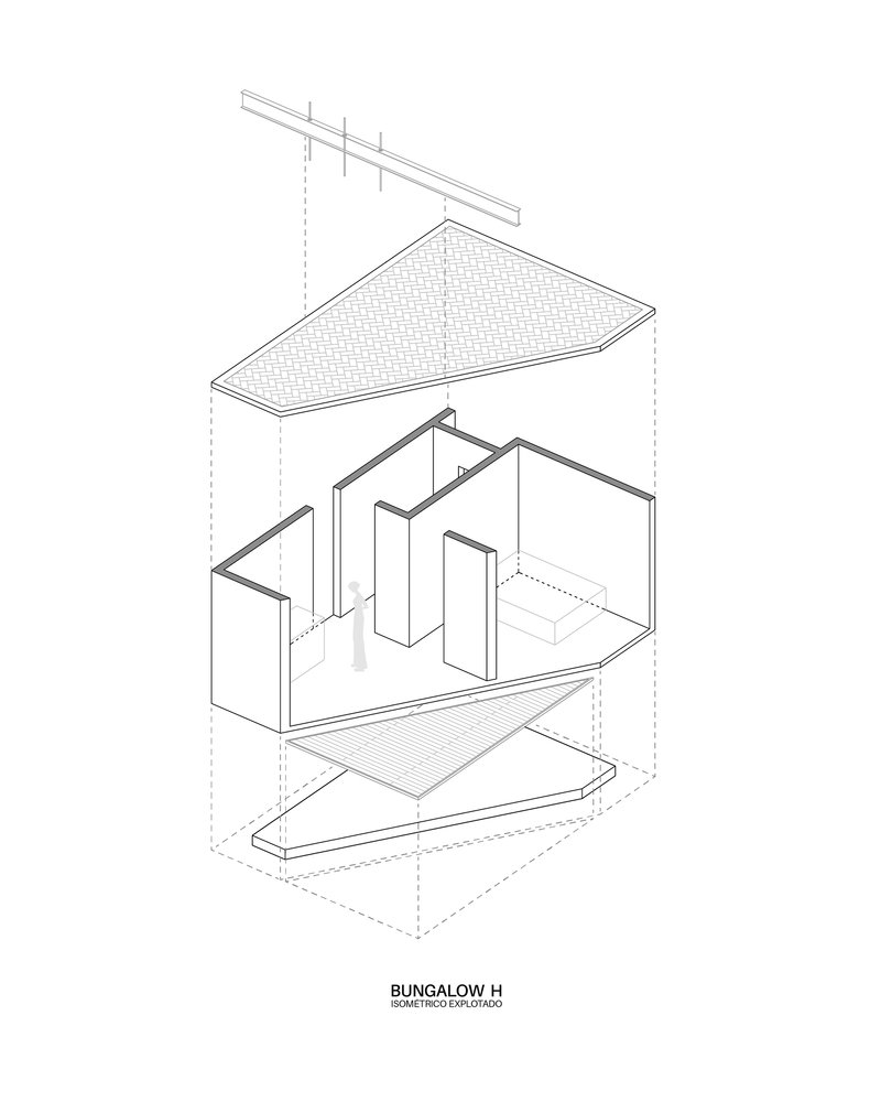Exploded isometric drawing showing roof, interior walls, deck, and foundation layers separated vertically