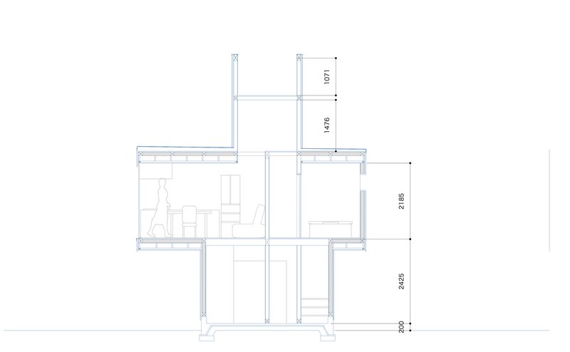 Section drawing showing staggered floor levels with interior volumes and a standing figure for scale
