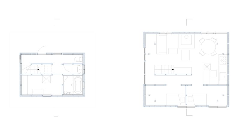 Floor plan drawing depicting two separate volumes with bedrooms, bathrooms, and open living spaces