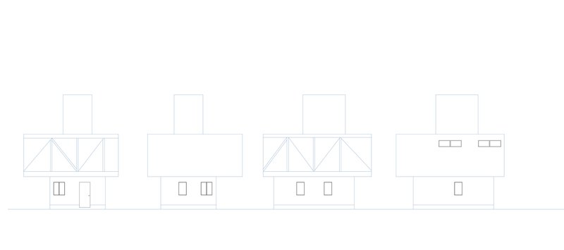 Elevation drawing showing four variations of the facade with different window and chimney configurations