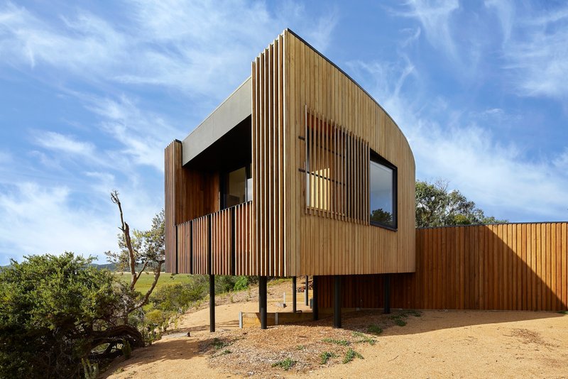 Timber-clad elevated volume with vertical slat screen and recessed openings amid coastal scrubland