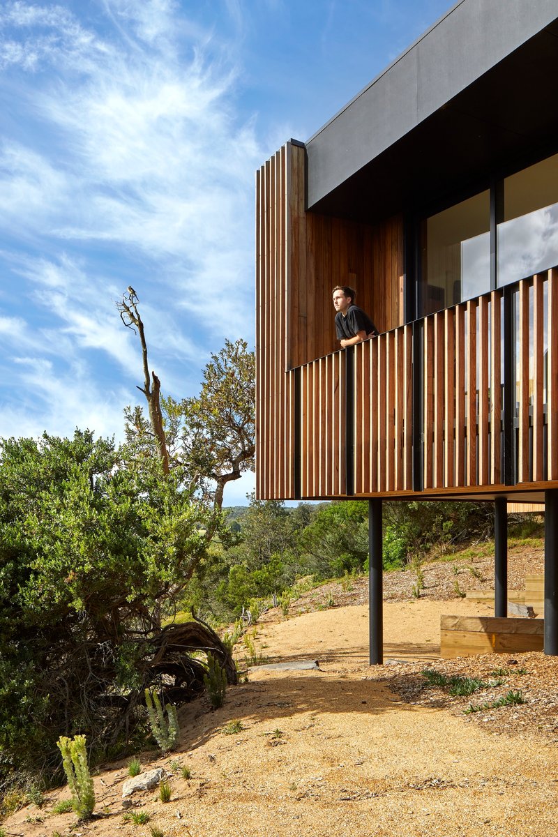 Cantilevered balcony with vertical timber screening and figure standing behind the slats