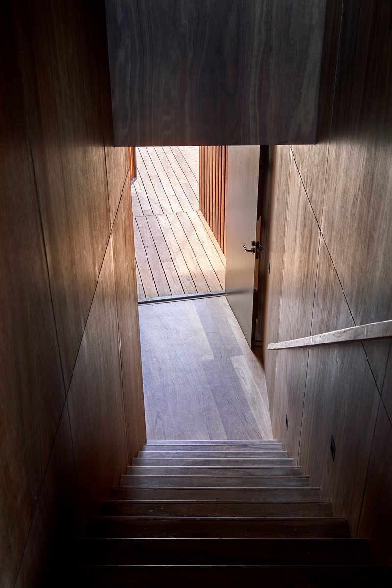 Timber staircase descending toward an open door with afternoon light casting diagonal shadows