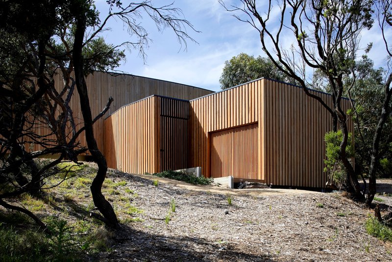Angular volumes clad in vertical timber battens nestled among native trees on sloping terrain