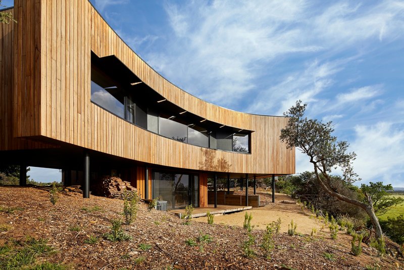 Curved upper volume cantilevering over glazed ground floor with stacked firewood beneath the overhang