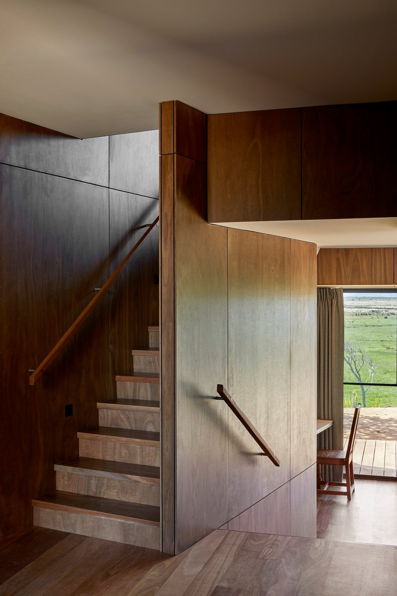 Timber-clad staircase rising between darker and lighter wood paneling with view to green landscape beyond