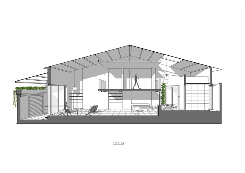 Section drawing showing interior volumes with mezzanine level and pitched roof structure above