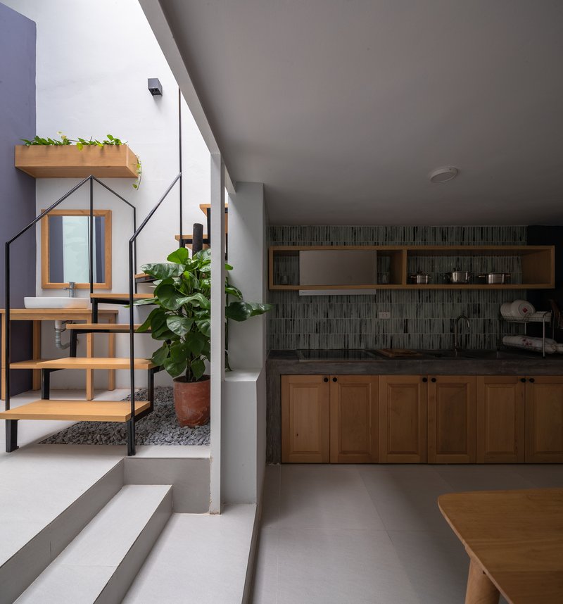 Kitchen with timber cabinetry and view to planted interior courtyard with timber washstand