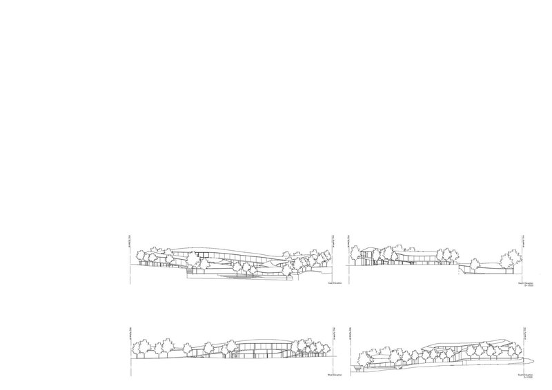 Four elevation drawings showing low horizontal volumes set into sloping terrain with scattered trees