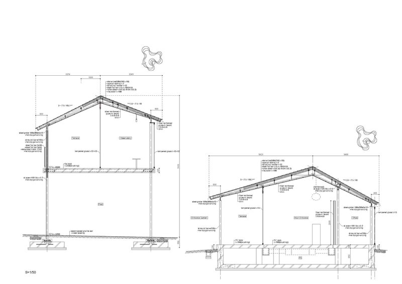 Building section drawing showing pitched roof structure with dimension annotations and construction notes