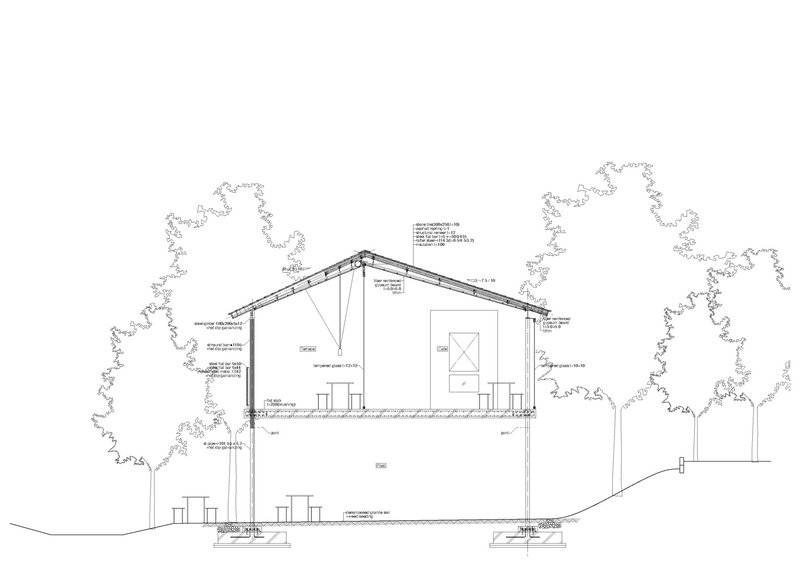 Building section drawing showing gabled volume with flanking trees and detailed material specifications