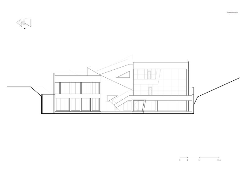 Front elevation drawing showing a multi-story facade with glazed panels and triangular bridging element