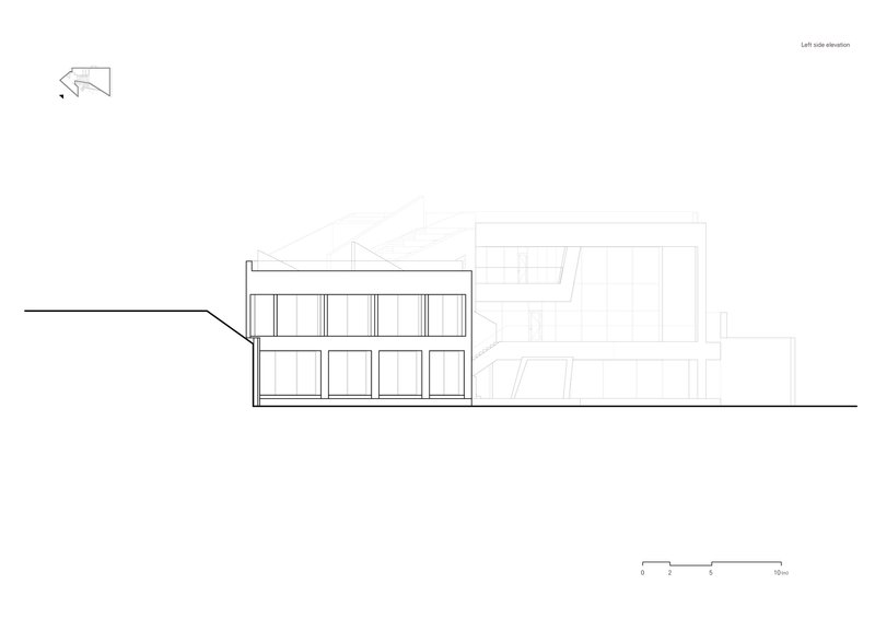 Left side elevation drawing showing a two-storey glazed volume stepping down a sloping site